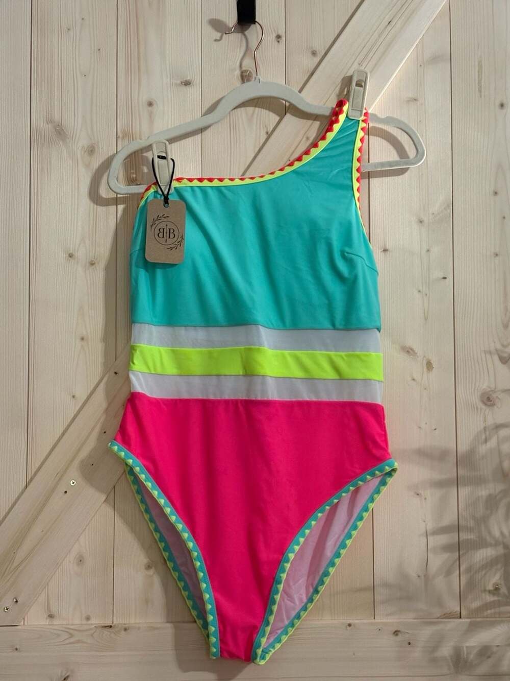 Popvil Women's One-Shoulder Color-Blocked Shell Trim One-Piece Swimsuit